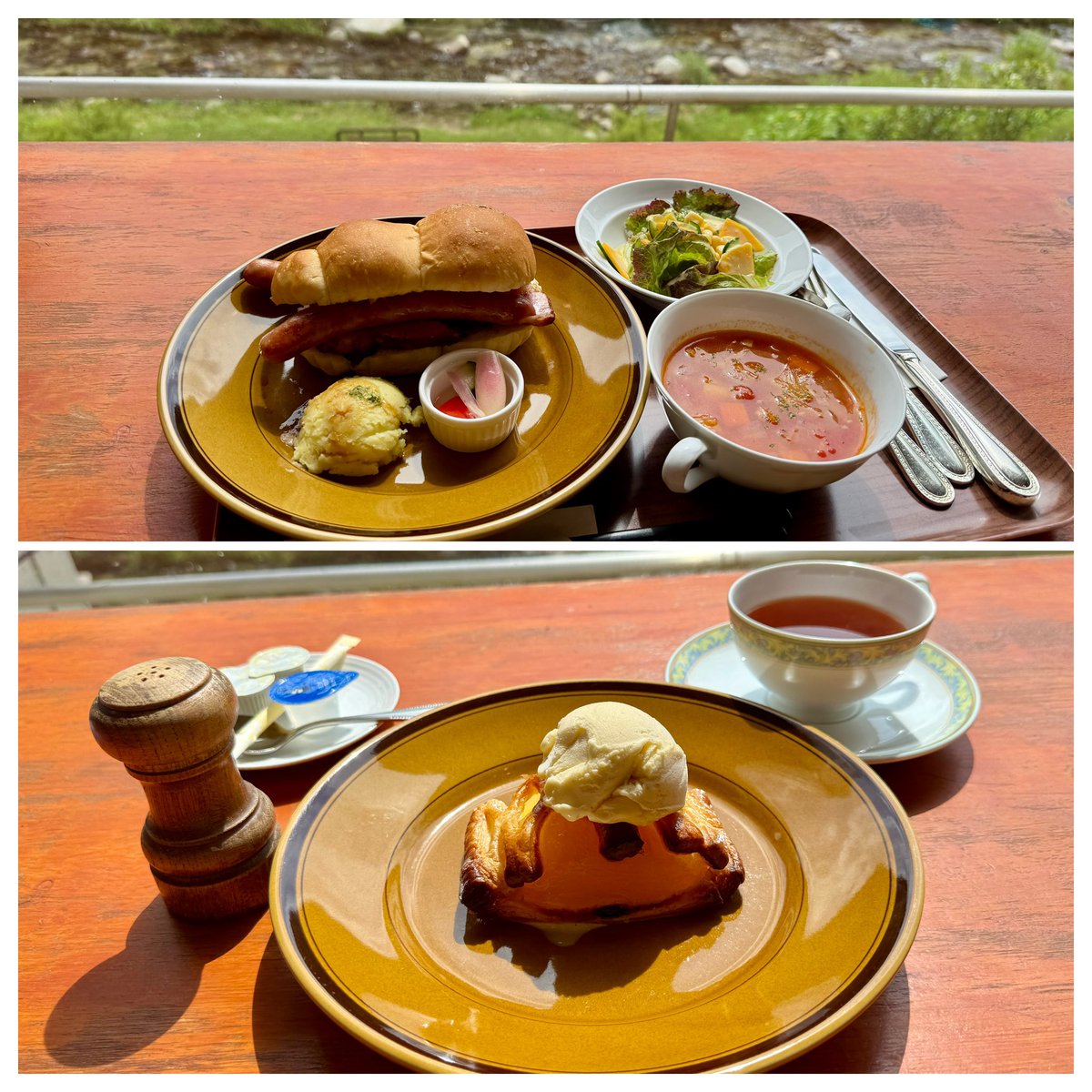 ホテル百年草
キャンプ帰りにおっさんふたりで
ベーコン、ソーセージバーガーと
ミネストローネ
アップルパイーを頂く
美味かった
 
ベーコンとソーセージはZiZi工房のやーつ