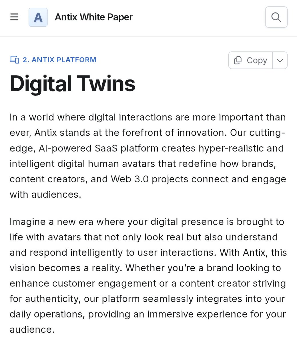 What is a digital twin?

<a href="/antix_in/">Antix.in</a> creates a virtual shadow of you that speaks, laughs, and worries like you almost like life. 

This twin is not just a picture or avatar, it can also mimic your mood and behavior, as if someone were there. 

It is secured on the blockchain,