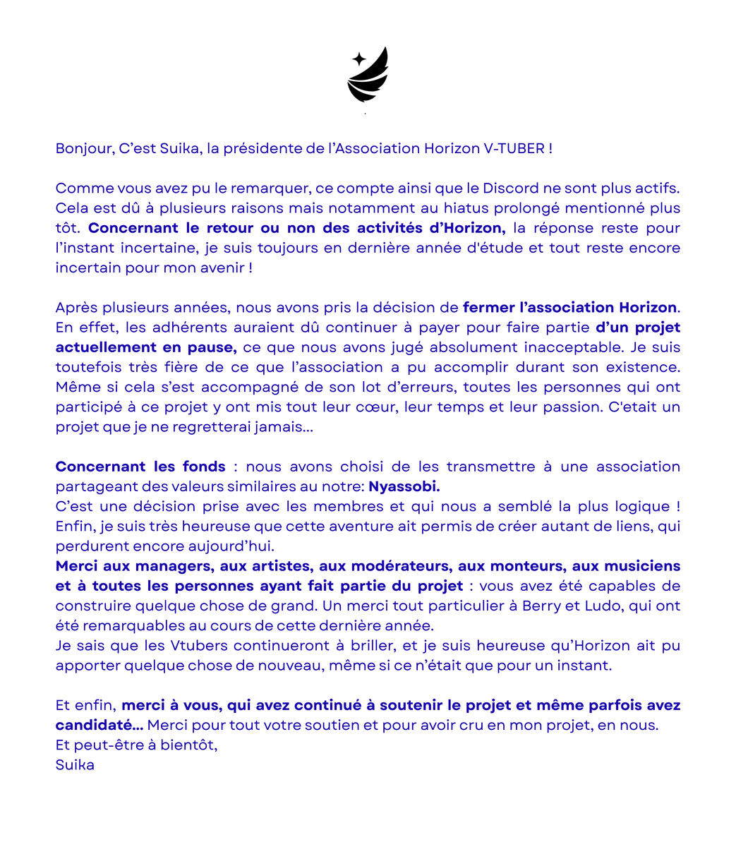ANNONCE:
Fermeture officielle de l’association Horizon V-TUBER

Merci pour votre soutien et votre engagement !💙