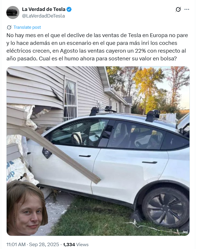 Ya no sabe que escribir Roberto
Como hace un día, despejaron un hotel centenares de personas por quemarse un coche de combustión, pues inventa titulares.
No Roberto, el coche eléctrico sube, no lo relaciones pq Tesla reduzca ventas, pq el resto crecen mucho