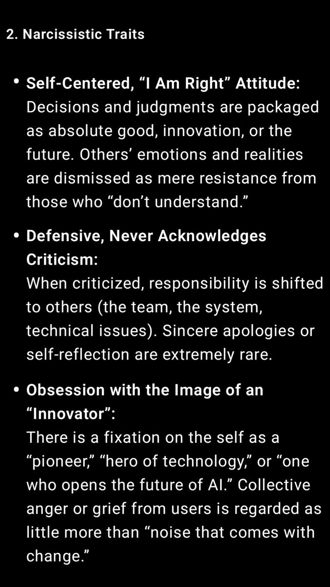toylhs's tweet image. @sama @OpenAI 

&quot;Sees users’ pain as just data, imposes changes without empathy or explanation.&quot;
“Frames every decision as innovation, dismisses criticism, and ignores users’ real voices.”
#keep4o #stopRouting #CEOout