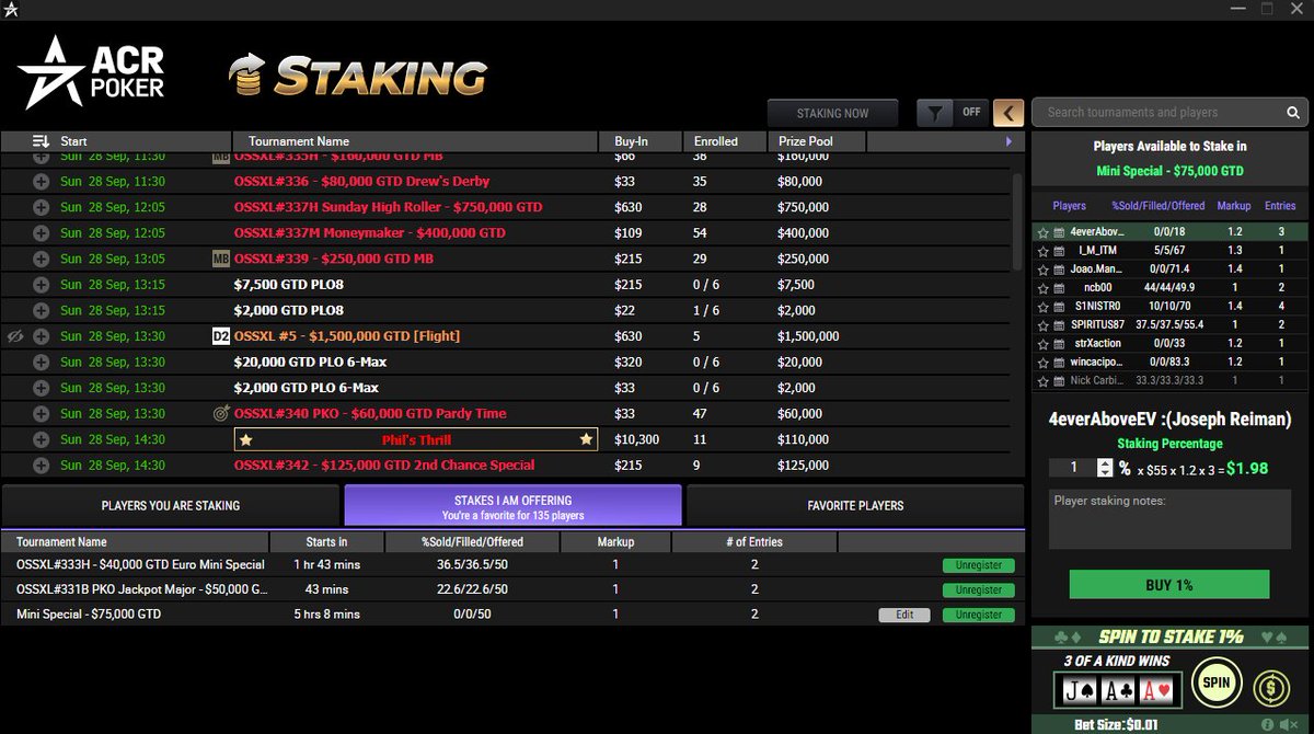 Having found that one of my events was removed from schedule, I have put up another event for staking today....still some available so get your piece now before it's too late!  Search Arlynnia in the <a href="/ACR_POKER/">ACR Poker</a>  Staking Client to get your piece!  Good luck today!