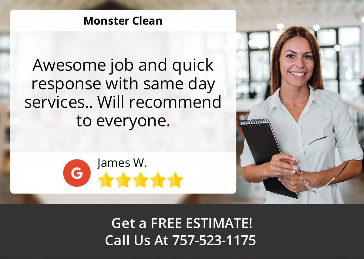 MonsterCleanVA's tweet image. 5 Star: James W. "Awesome job and quick response with same day services..   Will recommend to everyone."