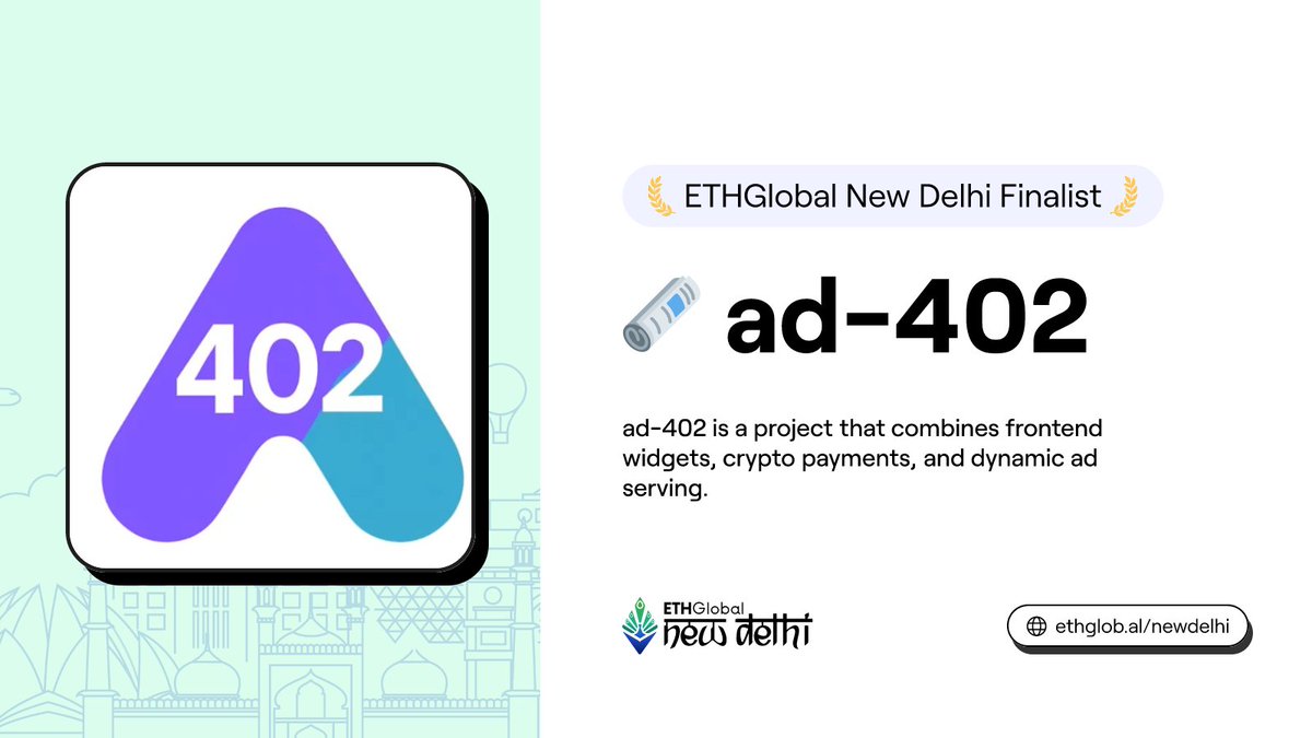 🗞️ ad-402 ad-402 lets publishers monetize instantly with blockchain  micropayments, enabling advertisers to pay directly without intermediaries  or revenue cuts. Built by @0xmihirsahu, @DevSwayam https://t.co/Qm81QJEoSZ