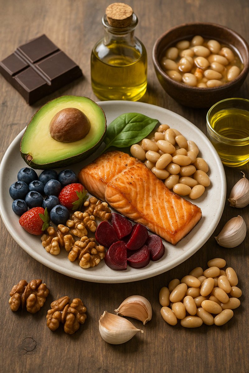 Foods for a stronger heart:

Dark Chocolate 🍫 = lowers BP &amp; improves circulation

Green Tea 🍵 = lowers LDL &amp; improves blood flow

Avocado 🥑 = lowers bad cholesterol

Olive Oil 🫒 = reduces inflammation &amp; protects arteries

Salmon 🐟 = omega-3s that prevent plaque buildup