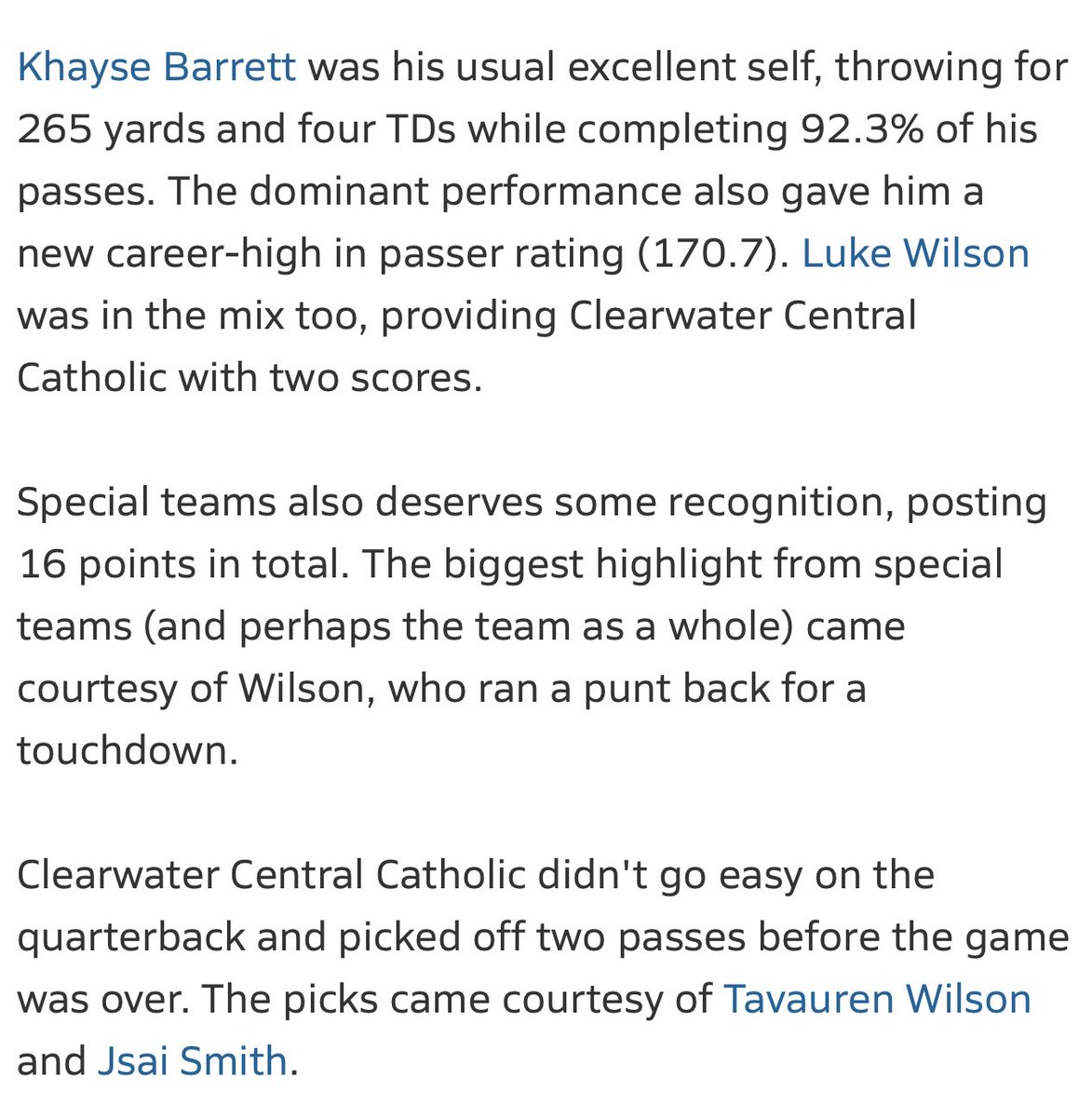 Todd Wilson (@toddnyce) on Twitter photo 💥Player Spotlight via <a href="/MaxPreps/">MaxPreps</a>💥
Dominant night in all three phases. Shoutout to <a href="/BarrettKhayse/">Khayse Barrett</a> <a href="/luke_wil7/">Luke Wilson</a> <a href="/jsai_smith/">Sai</a> <a href="/tavauren/">𝚃𝚊𝚟𝚊𝚞𝚛𝚎𝚗 "𝚃𝚓" 𝚆𝚒𝚕𝚜𝚘𝚗 ✞</a>. Marauders move to 6-0 on the season and remain consistently in Florida’s top 25 for the 4th season in a row. 
<a href="/CCCMaraudersFB/">CCC Marauders Football</a> <a href="/SuncoastPreps/">Suncoast Preps</a> 💥Player Spotlight via <a href="/MaxPreps/">MaxPreps</a>💥
Dominant night in all three phases. Shoutout to <a href="/BarrettKhayse/">Khayse Barrett</a> <a href="/luke_wil7/">Luke Wilson</a> <a href="/jsai_smith/">Sai</a> <a href="/tavauren/">𝚃𝚊𝚟𝚊𝚞𝚛𝚎𝚗 "𝚃𝚓" 𝚆𝚒𝚕𝚜𝚘𝚗 ✞</a>. Marauders move to 6-0 on the season and remain consistently in Florida’s top 25 for the 4th season in a row. 
<a href="/CCCMaraudersFB/">CCC Marauders Football</a> <a href="/SuncoastPreps/">Suncoast Preps</a>