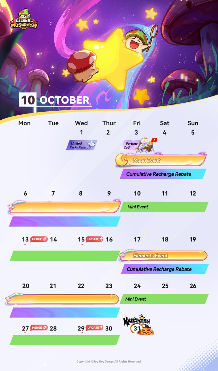 #October
🍂Dear Shroomie, the fantasy month of October is here~
📅🎃Please check out the new calendar!

——🍄🍄🍄Legend of Mushroom🍄🍄🍄——
🔗APP STORE: itunes.apple.com/app/id64753337…
🔸 GOOGLE PLAY: play.google.com/store/apps/det…