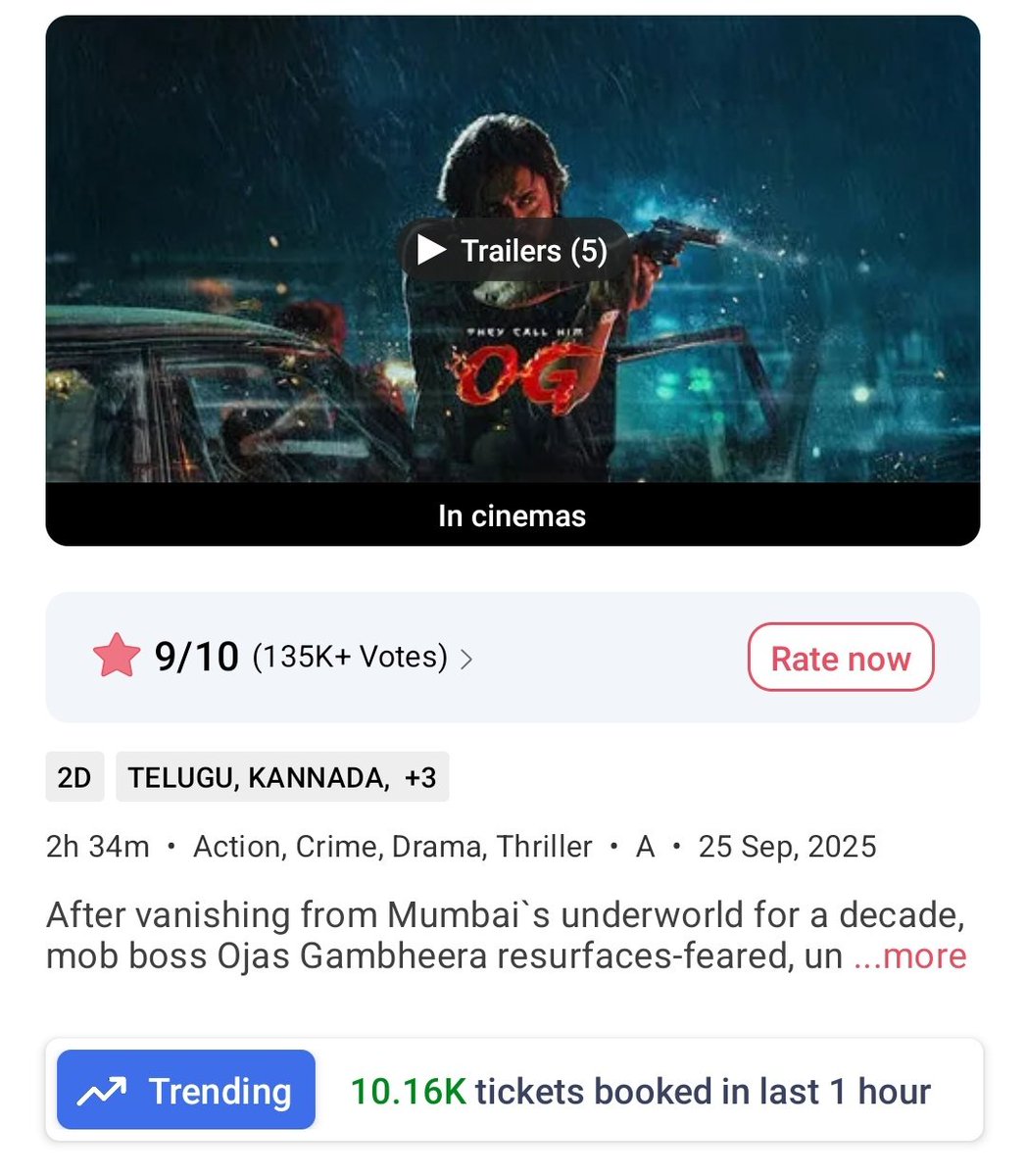 filmy_view's tweet image. #TheyCallHimOG
5-6pm 
Tickets sold on BMS- 10160

Total from 6am- 1,25,200
Yesterday- 1,45,350