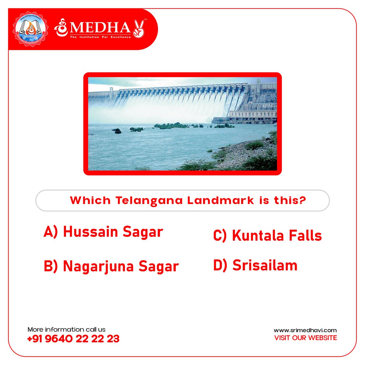 srimedhavi's tweet image. Here’s a little brain-teaser to brighten up your day! 🤔
Do you know which iconic Telangana landmark this is? 🏞️
A) Hussain Sagar 🌊
B) Nagarjuna Sagar 🚢
C) Kuntala Falls 💦
D) Srisailam 🌿

#SriMedhavi #FunWithLearning #StudentEngagement #KnowledgeIsPower #Trending