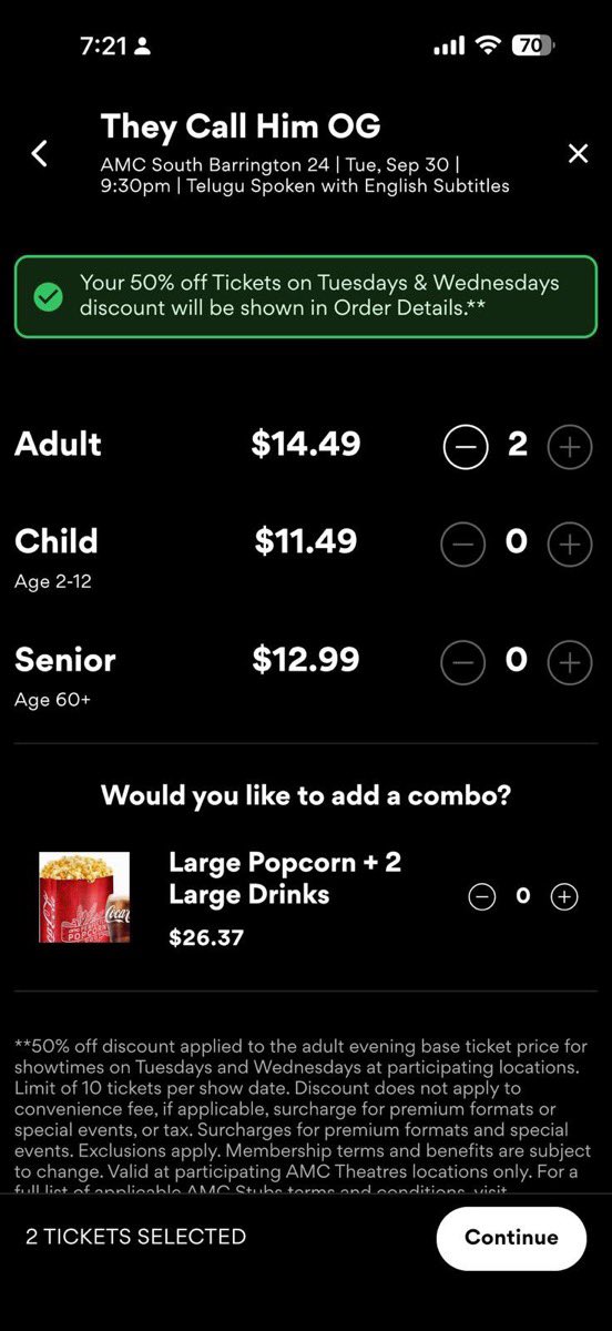 TheOGBookings's tweet image. #TheyCallHimOG #OG AMC deals on Tuesday and Wednesday in 🇺🇸 

How to Get 50% Off at AMC on Tuesdays and Wednesdays

1.Sign up for a free AMC Stubs Insider account (required to unlock the discount).

2. Select your tickets and proceed to checkout — the discount will automatically…