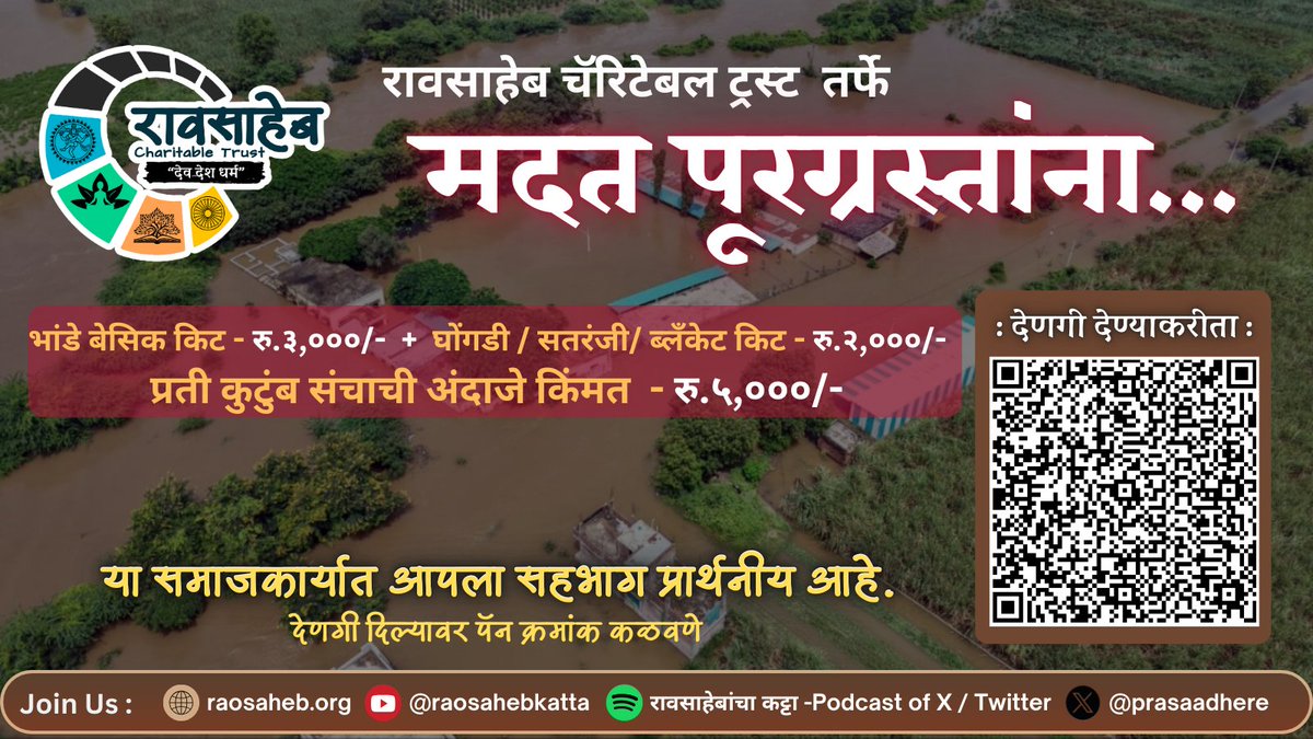 मराठवाडा अतिवृष्टीग्रस्तांसाठी मदतीचे आवाहन

मराठवाडयातील पूरपरिस्थिती अत्यंत बिकटआहे. वेगळे सांगायला नको.

संकटकाळी जमेल तशी आणि तेवढी मदत करणे आपले कर्तव्य आहे असे मी समजतो.

मदत करताना जबाबदारी व क्षमतेचे भान ठेवून, on ground सिस्टम तयार करून काळजीने हे आवाहन करत आहे.