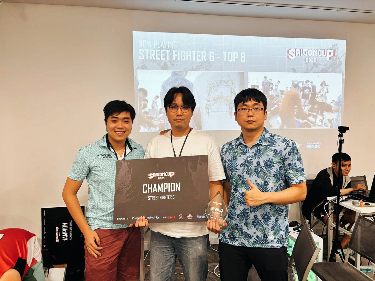 SaigonFGC's tweet photo. Congratulations to the winners of Street Fighter 6 at Saigon Cup 2025:
1. Cosco (Blanka, Manon, Dictator)
2. Kaos (Zangief)
3. Neckeserr (Zangief)

#SaigonCup2025 #SF6 https://t.co/6PLZ4d9wXU