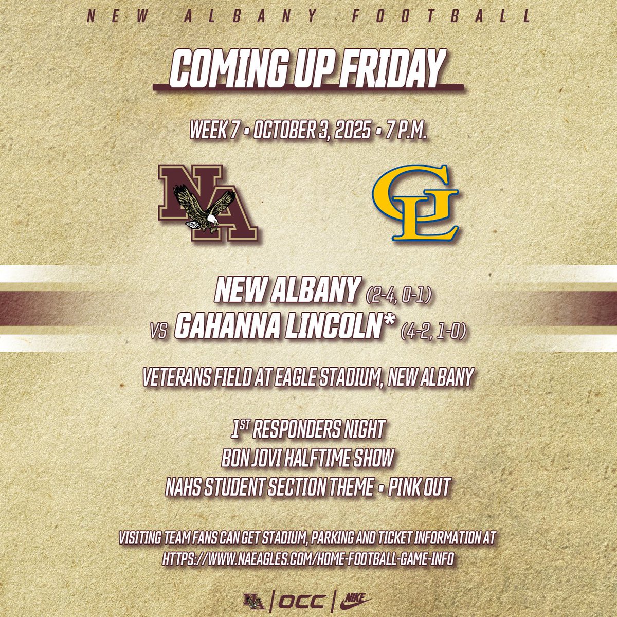 The Eagles return home to face Gahanna Lincoln for Week 7. It's a Pink Out game, and we will be honoring our First Responders.