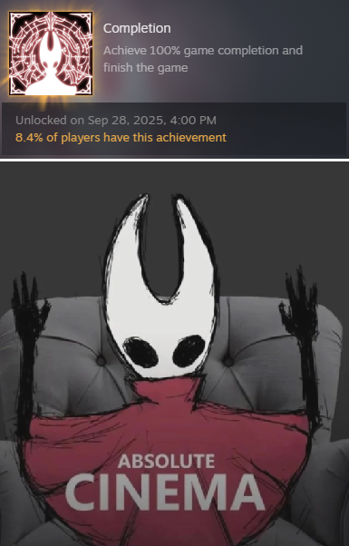 Skuld_Edits's tweet photo. Just finished Silksong 100% today.

What an amazing experience.

Thank you @TeamCherryGames 10/10 game. https://t.co/4yA7l9ap5n