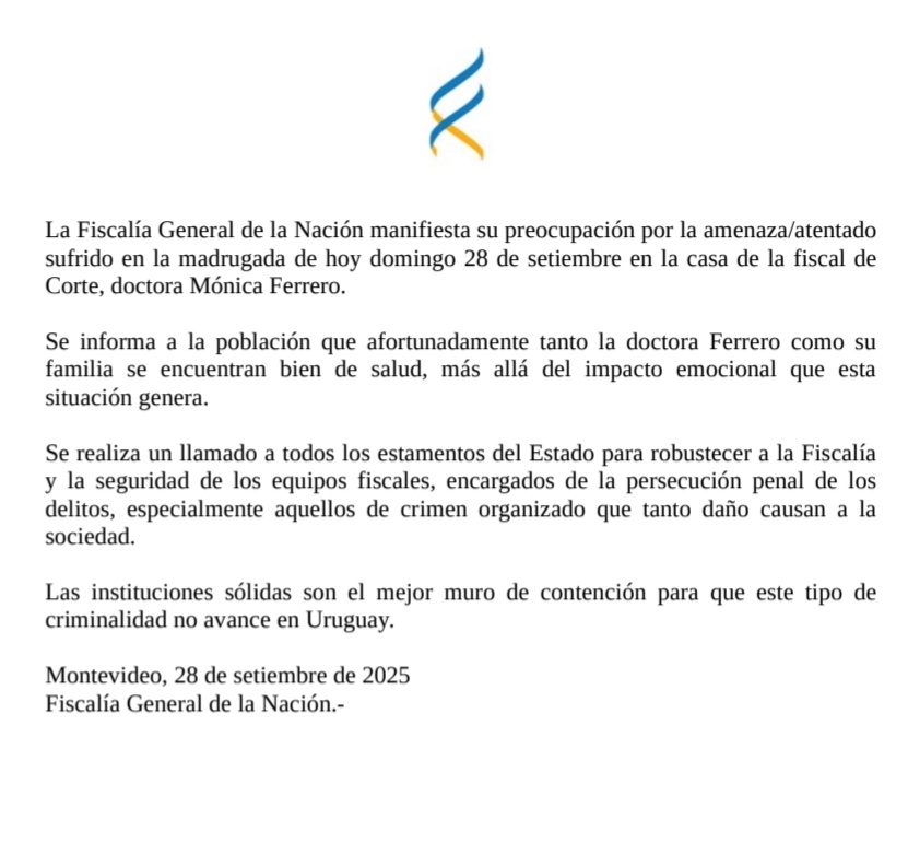 Fiscalía pidió robustecer instituciones que luchan contra el crimen organizado tras atentado sufrido por la Fiscal de Corte Mónica Ferrero.