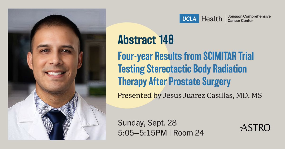 Don’t miss Dr. Jesus Juarez Casillas at #ASTRO25 presenting results from the SCIMITAR trial testing SBRT for men at risk of prostate cancer returning after surgery.

Learn more: bit.ly/46dcNYh