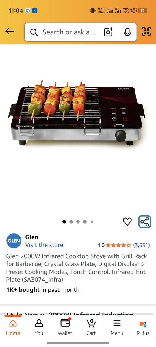 TechTurbanator's tweet image. Glen 2000W Infrared Cooktop Stove with Grill Rack

🔥 Grill, cook &amp;amp; barbecue with one smart appliance!
✨ 2000W infrared induction stove with crystal glass plate, digital display, touch controlsPerfect for smoky grills &amp;amp; everyday cooking 🍢🍳

💰 Deal Price: ₹2,599

🔗…
