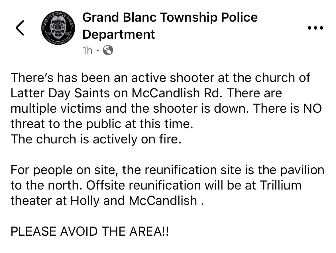 calvinrobinson's tweet image. Prayers for those associated with the Mormon place of worship in Grand Blanc.