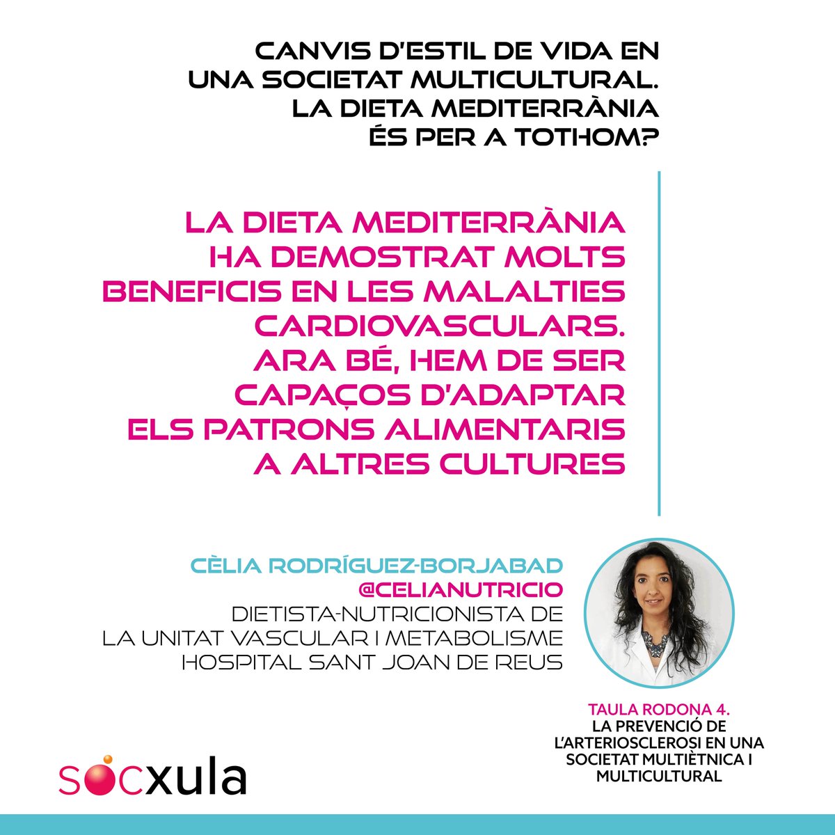 2n #CongrésXULA ➡️ <a href="/celianutricio/">Cèlia Rodríguez-Borjabad (Dietista-Nutricionista)</a>
“La dieta mediterrània reduieix el risc cardiovascular, però no sempre és aplicable. L’essencial és seguir patrons d’alimentació i de vida saludable”
📍Canvis d’estil de vida en una societat multicultural. La dieta Mediterrània és per a tothom?