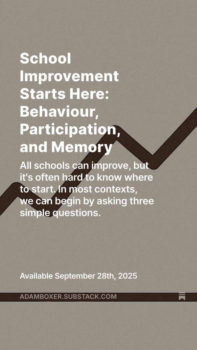 adamboxer1's tweet image. I am blogging again!!!
Like many others, I've moved over to Substack for a bit of a refresh. First entry is on school improvement - where to start, and what things matter.
Link is in the first reply, I'm weirdly a bit nervous about it it's been so long 😭😭