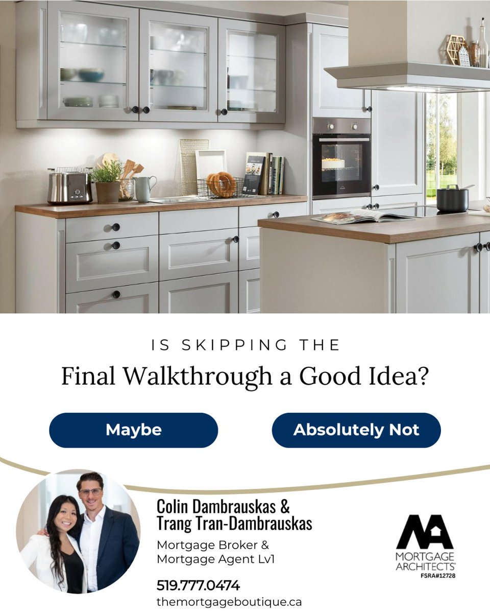 colindmortgages's tweet image. The final walkthrough is your last chance to inspect the home before closing. Use this step to confirm that all agreed-upon repairs are complete, fixtures and appliances are in place and working, and the property is in the condition expected.

#finalwalkthrough