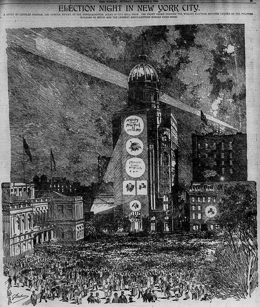 RealPreCinema's tweet photo. 5/5
This is Charles Graham’s illustration of the Presidential election of 1896 called ‘Election Night in New York City,’ published in The World’s Sunday Magazine on 8 November, 1896. Image from the Library of Congress, newspaper #microfilm Nº 1363.
#TimesSquare in New York city today is a perfect example of the technology such as the Stereopticon-#kinetoscope and Panoramascope, being used in the modern age. -30-