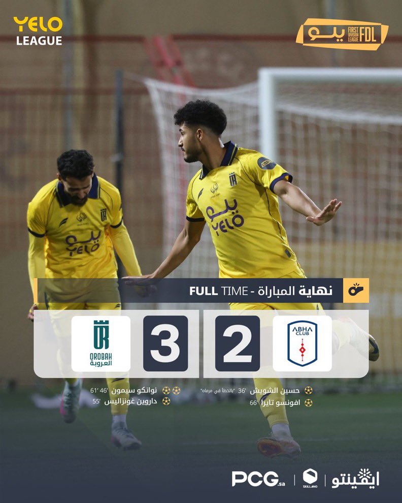 صـافرة نهاية المباراة 🔚

#أبها 2️⃣ : 3️⃣ #العروبة  
            
#دوري_يلو | #FDL