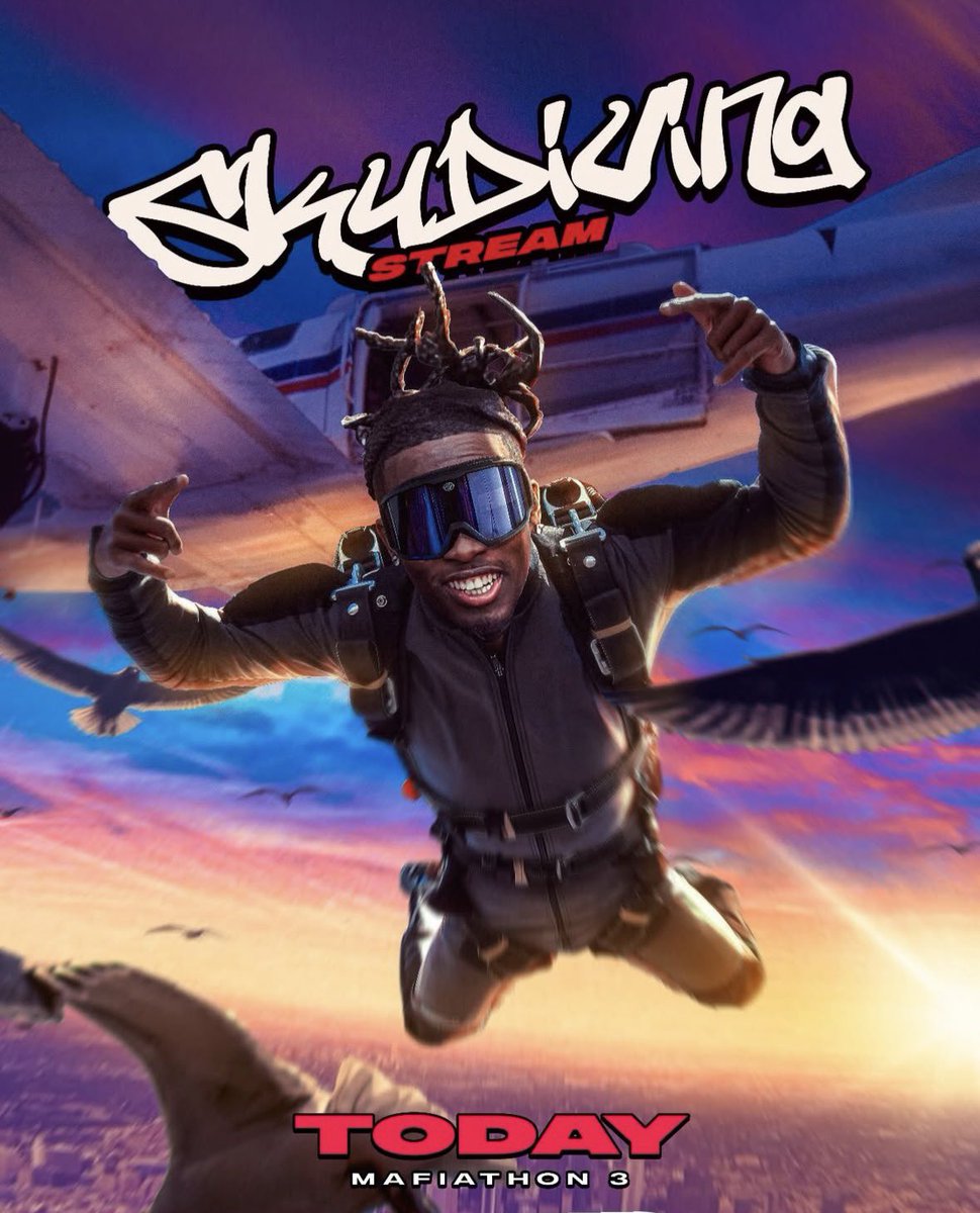 Kaimafiaupdates's tweet image. Kai Cenat will be Skydiving today at 6pm est/3pm pst LIVE,after breaking the All Time Subs record on Twitch and hitting 1 Million Subs🔥🤯