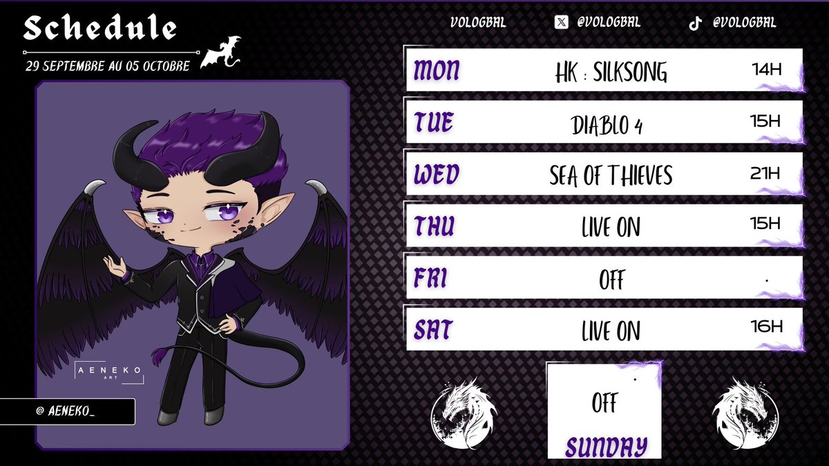 Ding dong~ 
Voici le planning de la semaine !
Plutôt charger mais vous connaissez la rengaine, le planning risque de changer au cours de la semaine !
Bonne semaine à tous ! 💜