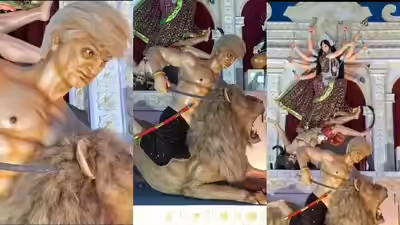 btarunr's tweet photo. You know India-US relations are in the dumps, and cannot be salvaged by diplomats, industrialists, or bureaucrats, when Bengalis start making effigies of the incumbent POTUS as demon in their Durga pandals. https://t.co/b4UmMXTfY3