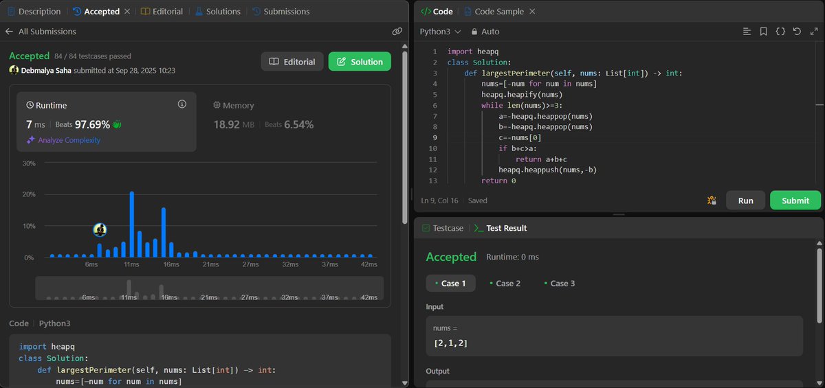dynamicrpd's tweet photo. Day 55- Learnt how to deal with missing data, EDA, Feature Selection, Model Evaluation.
Will work try to on a basic project tomorrow
Leetcode:-
✅Largest Perimeter Triangle
✅Reduce Array Size to The Half 
#LearnInPublic #buildinpublic #Python #pythonprogramming #LeetCode #Coding https://t.co/lIEkVFawFs