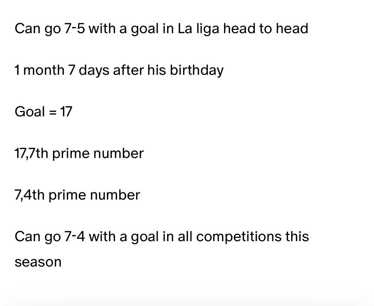 JamaicanDecoder's tweet image. Robert Lewandowski
Can go 7-5 with a goal in La liga head to head
1 month 7 days after his birthday
Goal = 17
17,7th prime number
7,4th prime number
Can go 7-4 with a goal in all competitions this season