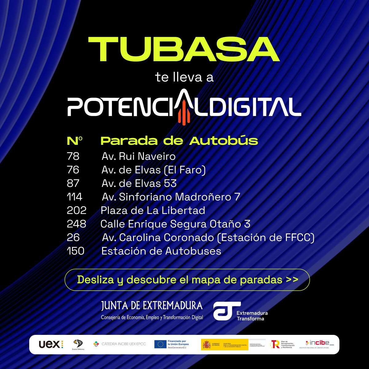 Potdigitalext's tweet image. 🚍 ¡Olvídate del coche y ven directo a Potencial!
Gracias a Tubasa, tendrás una línea especial dedicada a Potencial Digital 2025 para llegar al evento de la forma más cómoda y sostenible. 🙌

📍 Paradas clave:
✔ Av. Rui Naveiro
✔ Av. de Elvas (El Faro)
✔ Av. Sinforiano…