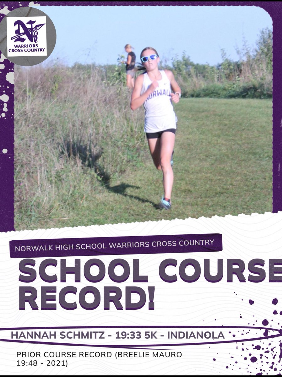 Congrats to freshman Hannah Schmitz on owning another Norwalk School Course record… this time Indianola XC Course at Pickard Park!  Hannah ran 19:33 and finished 2nd on Thursday at the Indianola Invite!