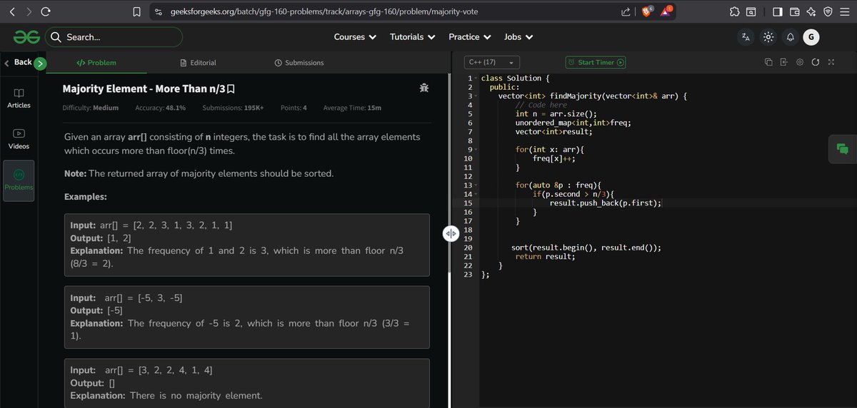 codewithGenZ's tweet image. Day 86🚀: #100daysofcode : #GeeksforGeeks
Today i solved problem on #GFG
-Majority Element
#Cpp_language #100daysofchallenge #codinglife #LearnInPublic #learnprogramming #programmer #coder #CodingJourney #codewithGenZ #BuildYourself #Hackathon #Genius #ProblemSolving