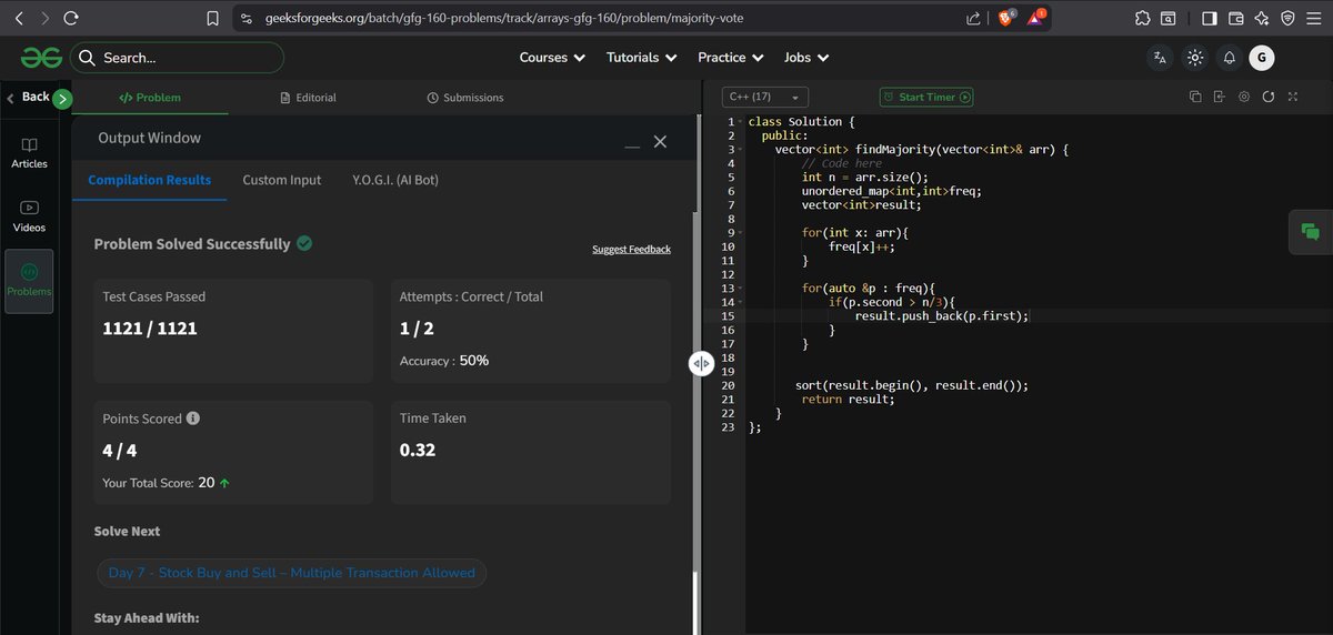 codewithGenZ's tweet image. Day 86🚀: #100daysofcode : #GeeksforGeeks
Today i solved problem on #GFG
-Majority Element
#Cpp_language #100daysofchallenge #codinglife #LearnInPublic #learnprogramming #programmer #coder #CodingJourney #codewithGenZ #BuildYourself #Hackathon #Genius #ProblemSolving