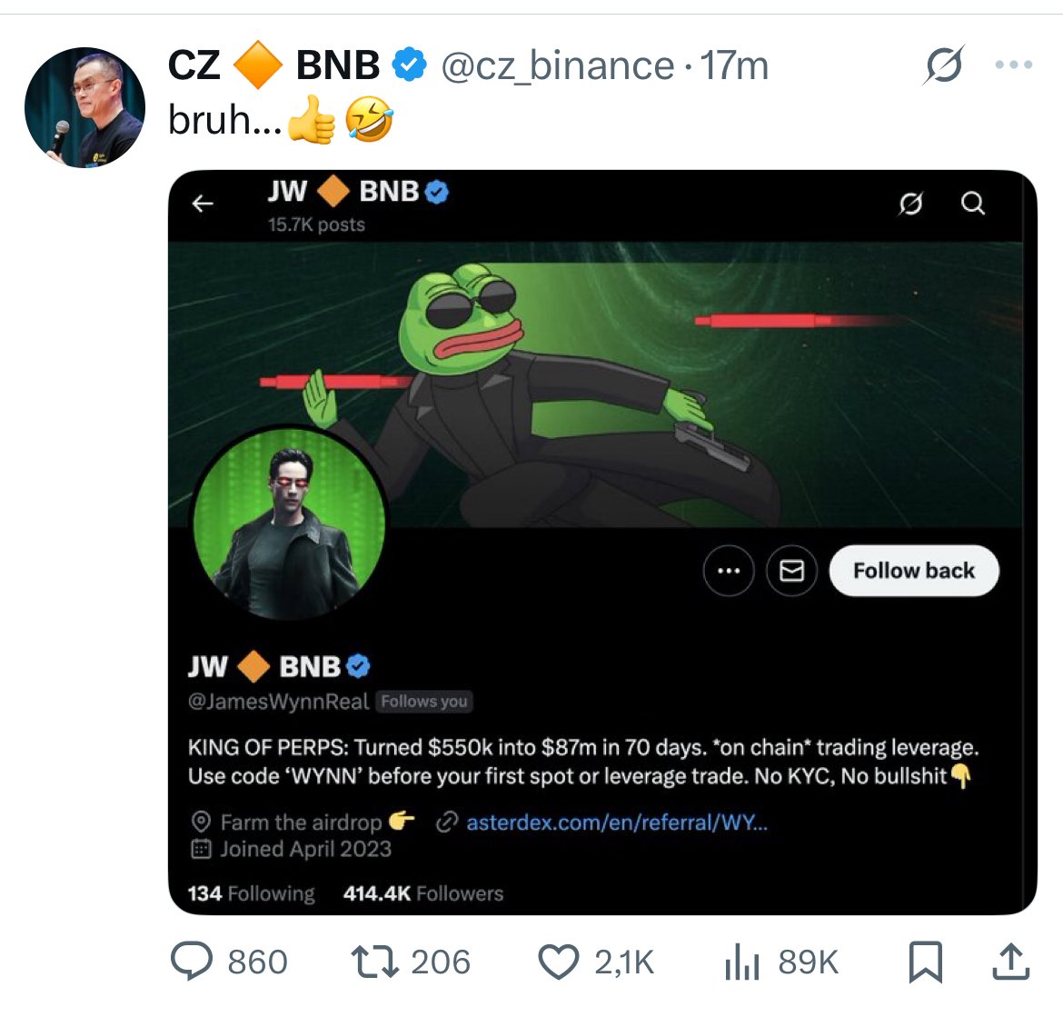 On-chain data visualization of James Wynn's ASTER transactions