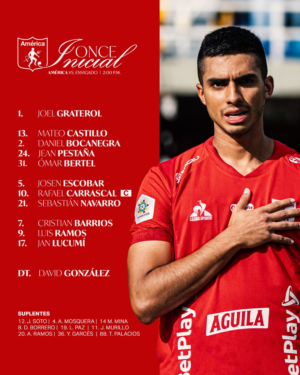 🇦🇹🔴 América ya tiene su once consolidado.
El profe González confía en su base titular y solo hará un cambio obligado: la salida de Holgado.

¿Te gusta este 11 de la Mechita? 👀🔥

#AméricaDeCali #LigaBetPlay <a href="/F12radiotv/">F12RADIOTV Tú Canal Deportivo</a>