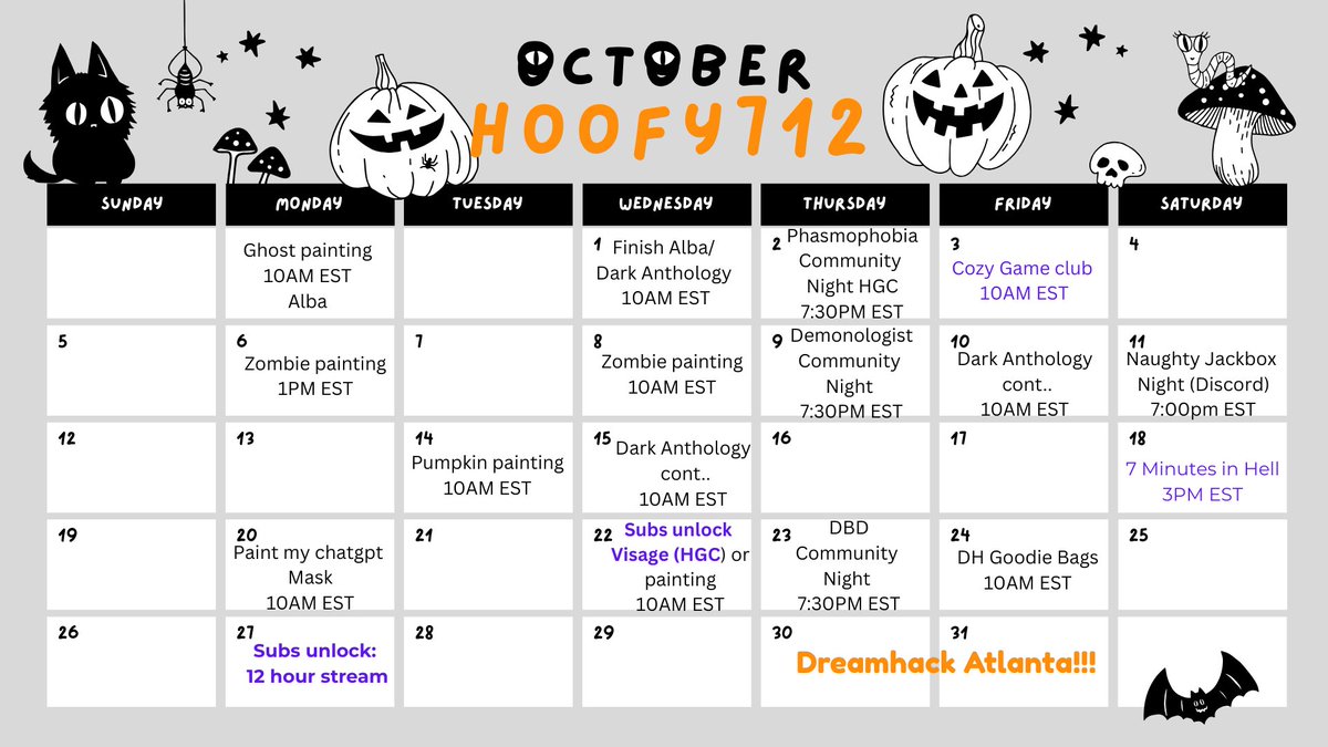 hoofy712's tweet photo. Stream Schedule for October!! 

We will be doing some #horrorgameclub picks and also have some subs unlock game and a 12 hour stream. Also have a Wheel of Torture and Wheel of Distraction for subs!! 
 
*I am a mom and have a chronic health condition, so things may change https://t.co/1teM32kK2a