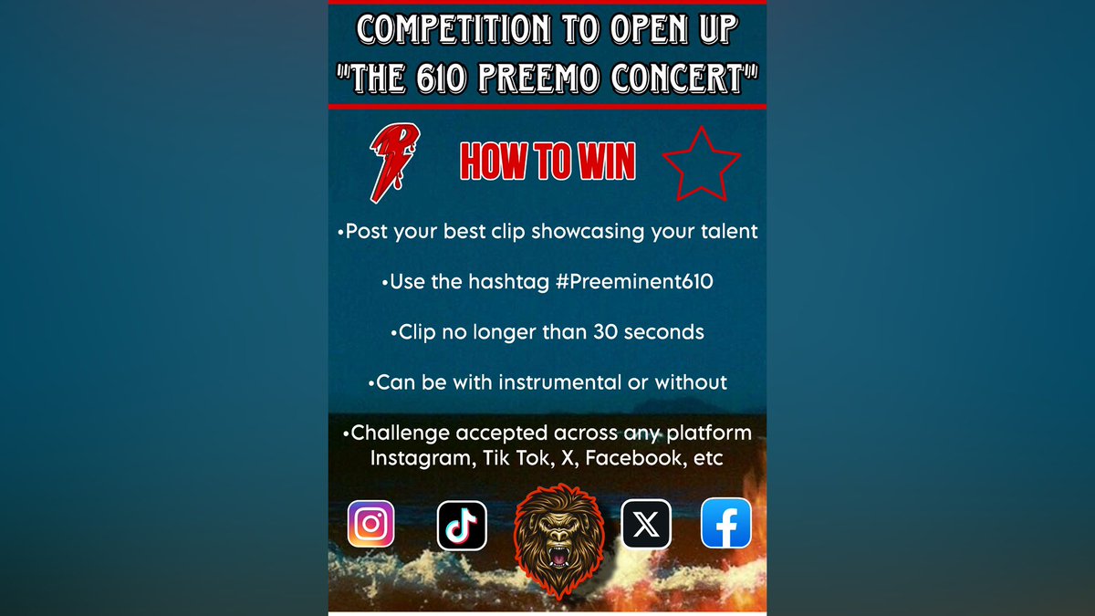 610preem0's tweet photo. Competition to open up 
“The 610 Preem0 and Family Concert”
We want to see the best talent❗️And give you an opportunity to raise your reputation🚀 
All directions included in post🦅
#Preeminent610 https://t.co/lgyKRDHAXg