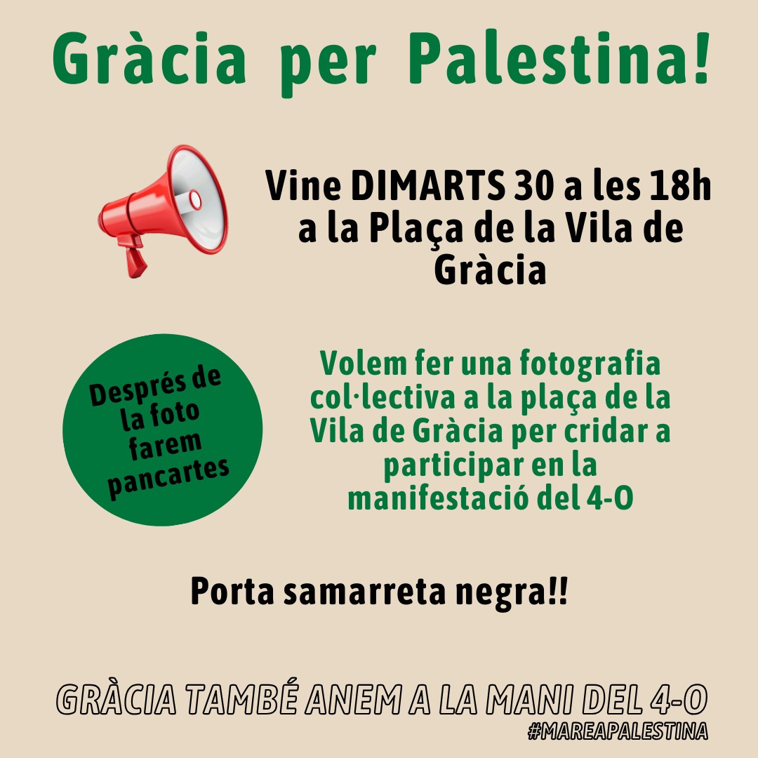 📢📢Aquest DIMARTS 30/09 a les 18h 🇵🇸

📸 Omplim la plaça de la Vila vestits amb samarreta negra i una pancarta per cridar a la manifestació del 4-O per Palestina. Farem una fotografia col·lectiva x difondre x xarxes socials i als mitjans. 

🖌 Quan acabem pintarem més pancartes.