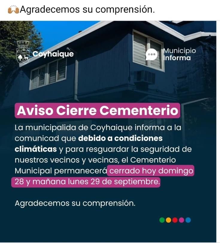 #COYHAIQUE 
Cierre preventivo  del sedentario Avda Baquedano 1000
Los días Domingo  28 y Lunes  29 de septiembre. 
Por condiciones Meteorológicas  debido al sistema frontal.