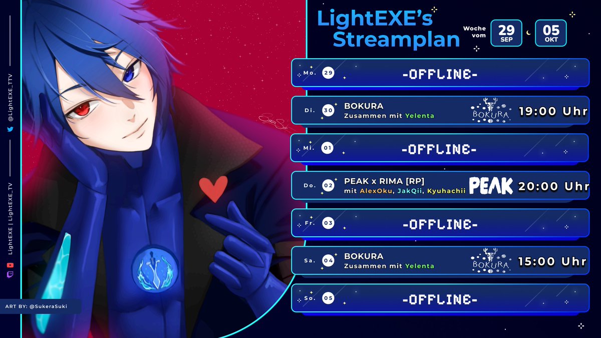 Absolut WILDE Collab-Woche😍

▶️Di - BOKURA - Zusammen mit <a href="/yelentaaa/">Yelenta 🔋⚙️ Cyborg Vtuber</a> 

▶️Do - PEAK - Die Minecraft RIMA Roleplay-Charaktere: 

- Helmut (<a href="/JakQiwoof/">𓆩JakQii𓆪 🩵🪦 ↬ AT POLARIS✨</a>)
- Oku Kudo (<a href="/AlexOku_/">AlexOku @ Twitch/Youtube</a> )
- Spike (<a href="/Kyuhachii/">Kyūhachii || Polaris 2025🐻‍❄🧊</a>) 
- Light (ME) 

treffen erneut aufeinander!

▶️Sa - BOKURA - Finale mit <a href="/yelentaaa/">Yelenta 🔋⚙️ Cyborg Vtuber</a>