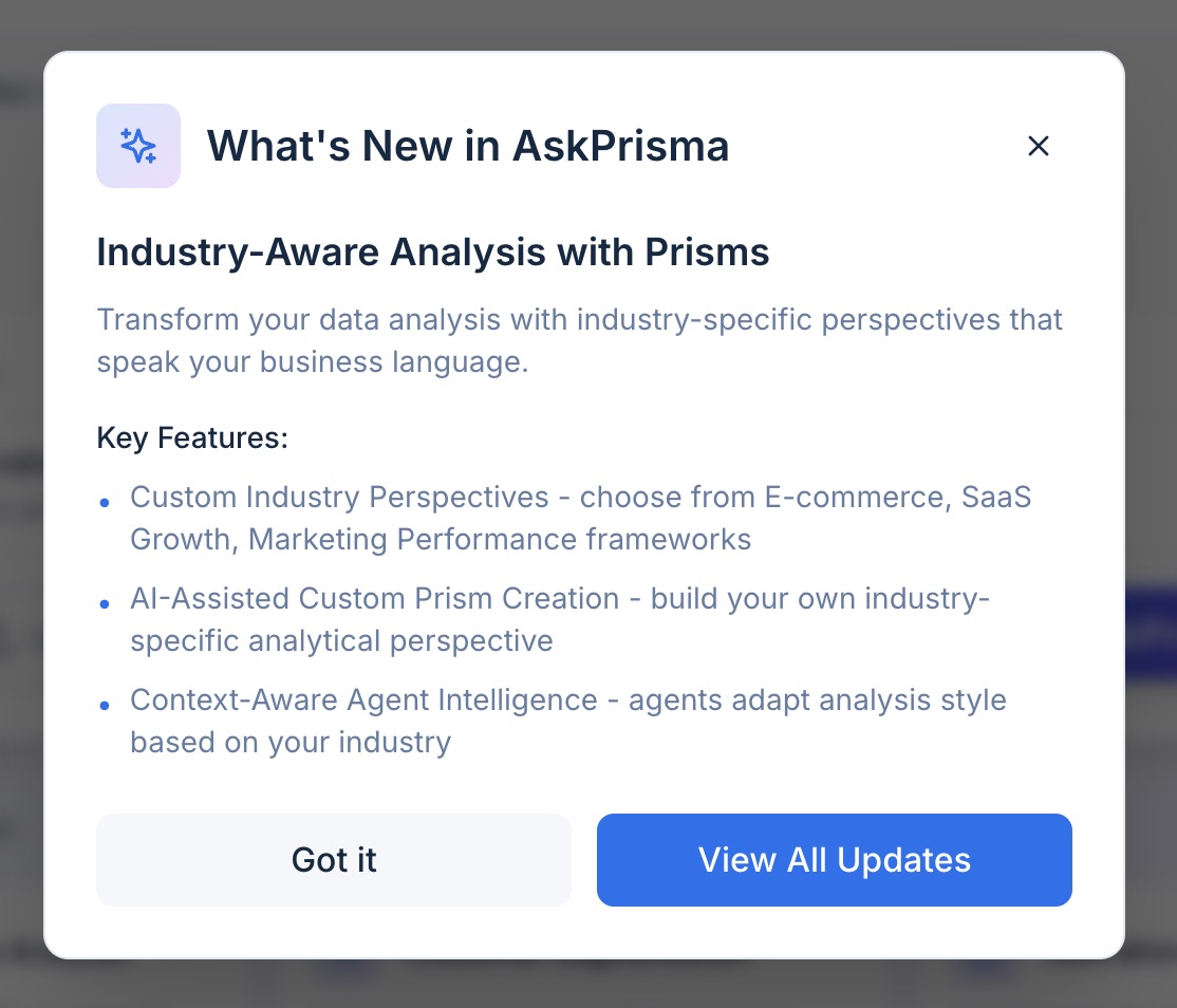 pushed an interesting feature for AskPrisma(.ai) - it now support industry based prisms to customize the insights and analysis for your industry; now you have access to data-driven insights using Python+Jupyter and industry-aware narratives