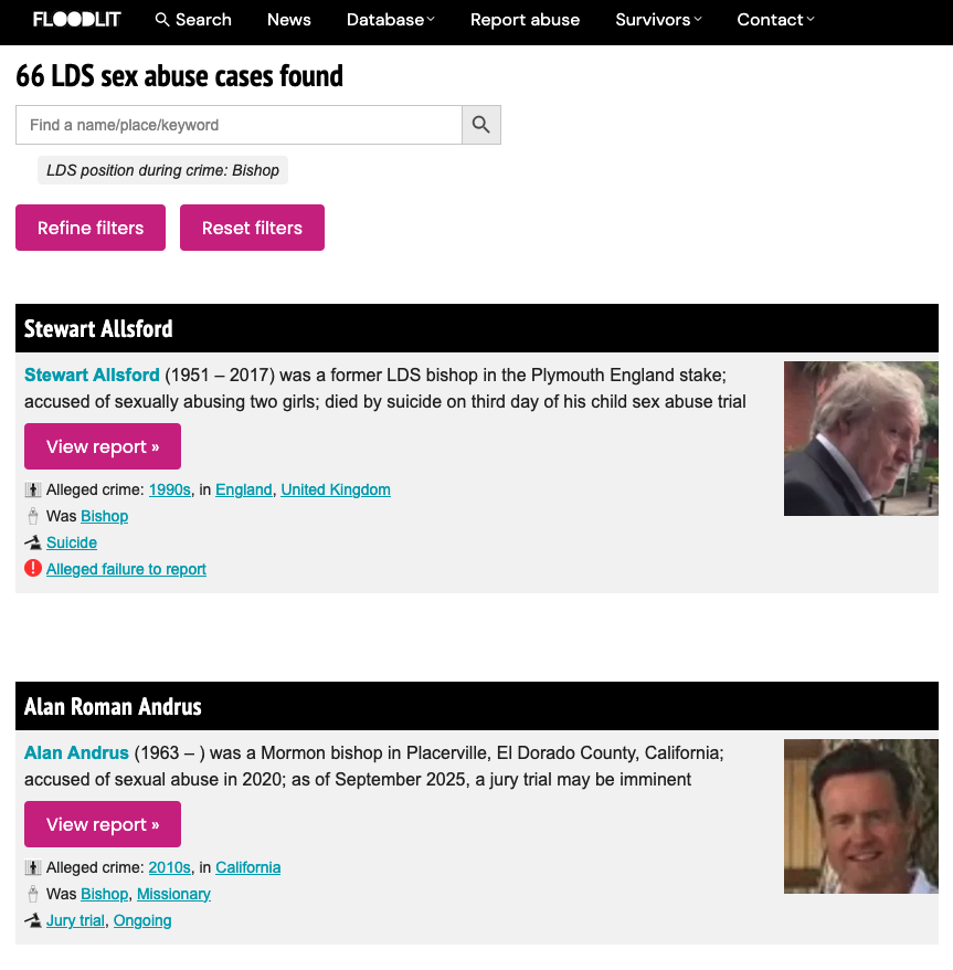 66 Mormon bishops who allegedly perpetrated sex crimes while in that church position:
floodlit.org/lpc/crime-bish…

Of those, 35 were convicted:
floodlit.org/criminal-resul…

1 died by suicide
3 are currently facing charges

This list is not exhaustive; it's only what we've found so far.