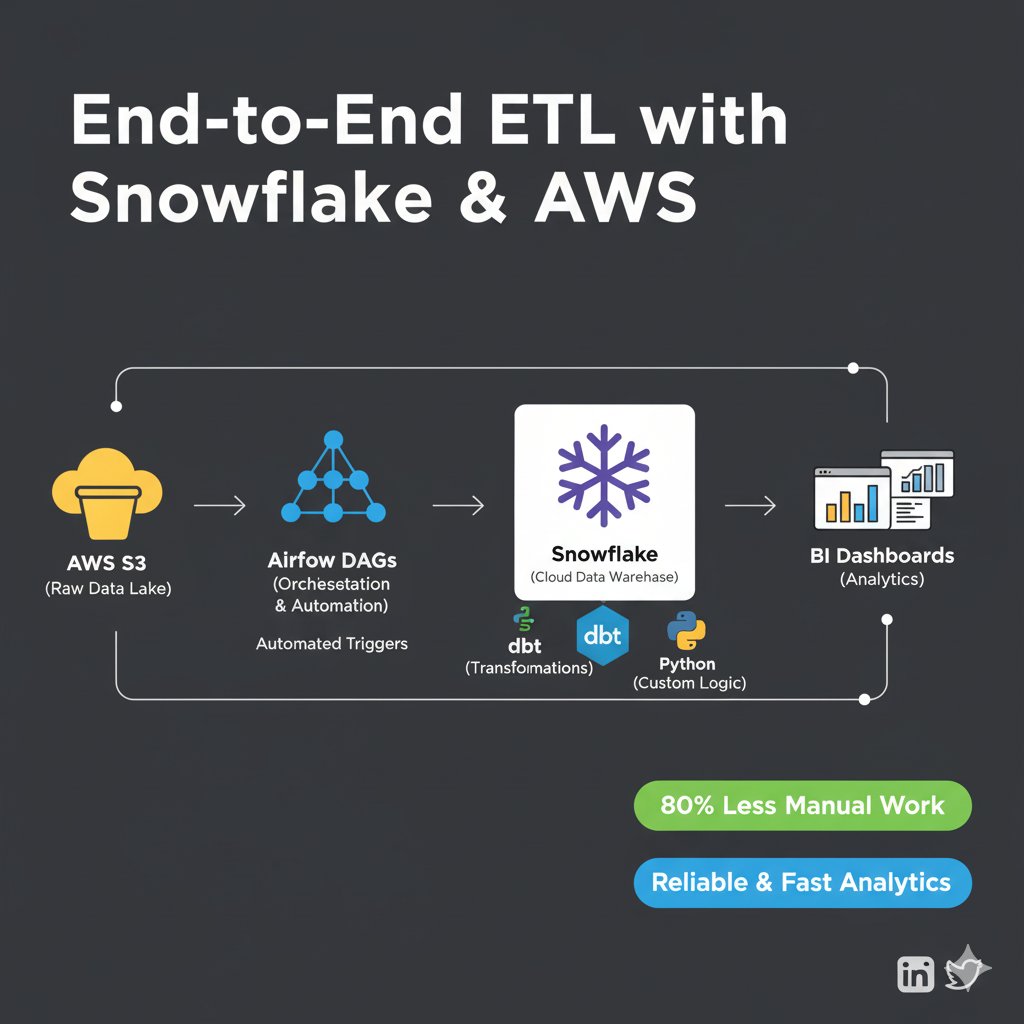 architjain9j's tweet image. Automated AWS S3 → Snowflake ETL pipelines using Airflow & Python!
• Event-based ingestion from S3 → Snowflake staging
• DAG orchestration with Airflow for retries & notifications
• Transformations with dbt & Python for modular, maintainable code
• Result: 80% less manual