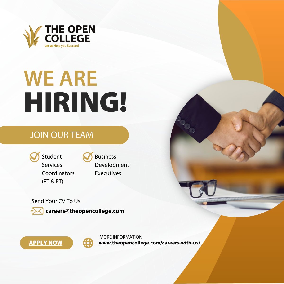 The Open College (@theopencollege) on Twitter photo 🚨 We’re hiring! 🚨
The Open College is looking for:
✅ Student Services Coordinators (FT & PT)
✅ Business Development Executives
📩 Send CVs to careers@theopencollege.com
🌐 More info: theopencollege.com/careers-with-us
#Hiring #jobfairy #EducationCareers 🚨 We’re hiring! 🚨
The Open College is looking for:
✅ Student Services Coordinators (FT & PT)
✅ Business Development Executives
📩 Send CVs to careers@theopencollege.com
🌐 More info: theopencollege.com/careers-with-us
#Hiring #jobfairy #EducationCareers
