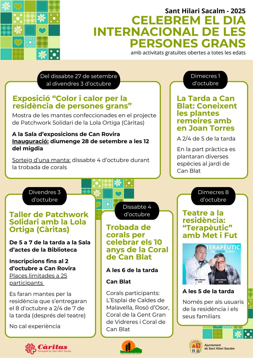🧣Avui s'ha inaugurat l'exposició "Color i calor per la residència de persones grans". Una mostra de les mantes confeccionades en el projecte de Patchwork Solidari de la Lola Ortiga i Càritas

🎲 Es podrà visitar fins al 3 d'octubre i el dissabte 4 se sortejarà una manta durant