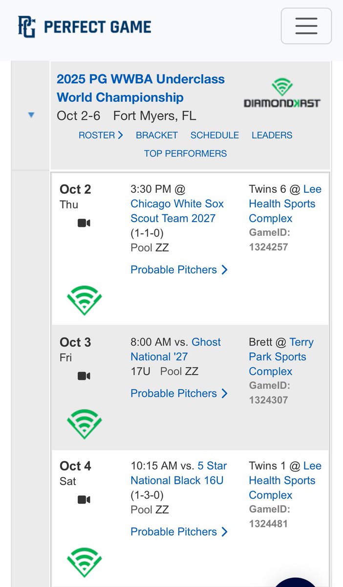 2025 PG WWBA Underclass World Championship Schedule in Fort Meyers, Florida. Dates:  October 2nd-6th. <a href="/WildcattersHS/">Wildcatters High School</a> <a href="/cory_gafford/">Cory Gafford</a> <a href="/Tyler_King19/">Tyler King</a> <a href="/vrhsbaseball/">Vista Ridge High School Baseball</a> <a href="/MattGarver04/">Coach Garver</a> <a href="/Texas_PG/">Perfect Game Texas</a> <a href="/FiveToolTexas/">✭Five Tool Texas✭</a> <a href="/DonaldJBoyles/">Donald J Boyles</a> <a href="/DustinLMcComas/">Dustin McComas</a>