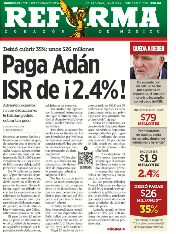 Juan_OrtizMX's tweet photo. 🗳📌 ADÁN AUGUSTO PAGÓ SOLO 2.4% DE IMPUESTOS

 Adán Augusto terminó por reconocer ingresos por 79 millones de pesos entre 2023 y 2024.

@Reforma consultó con especialistas, quienes calcularon que pagó apenas 2.4% de ISR, muy por debajo del 35% que marca la ley.

En realidad debía cubrir alrededor de 26 millones, pero solo pagó 1.9 millones. 

Y no hay deducciones que justifiquen un pago tan bajo, según dicen los consultados.